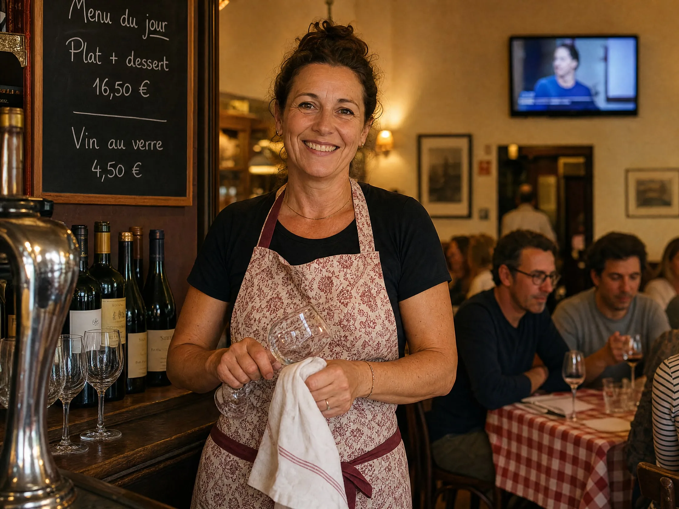 Patron de bistrot souriant devant sa salle, l’ardoise du menu du jour à la main