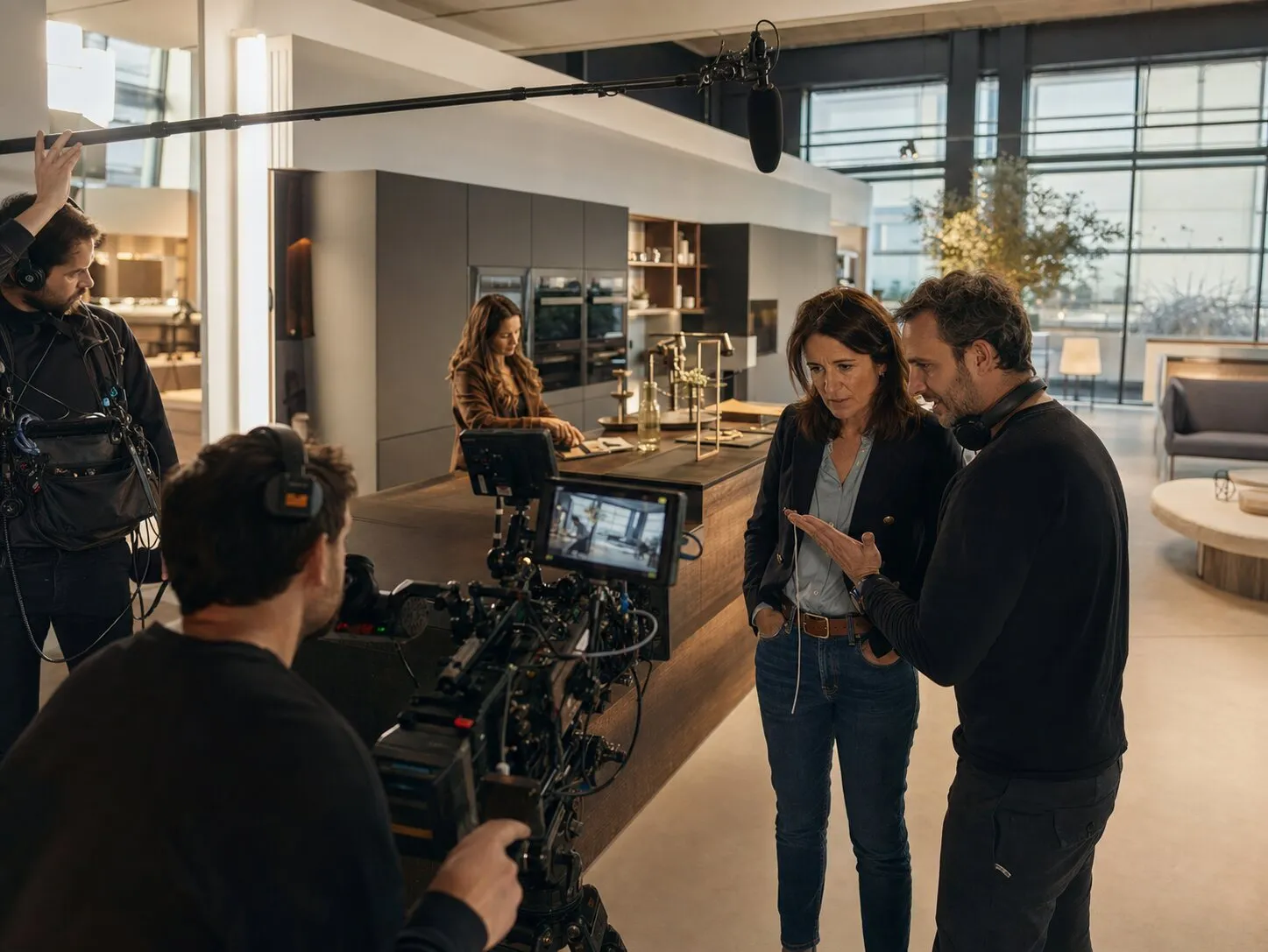 Équipe et responsable marketing préparant un tournage publicitaire dans le showroom d’une PME régionale
