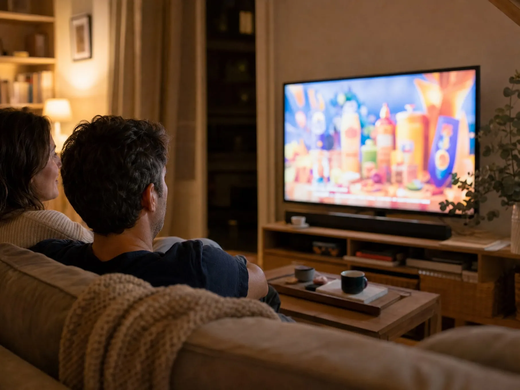 Couple attentif devant une publicité à la télévision, dans son salon le soir