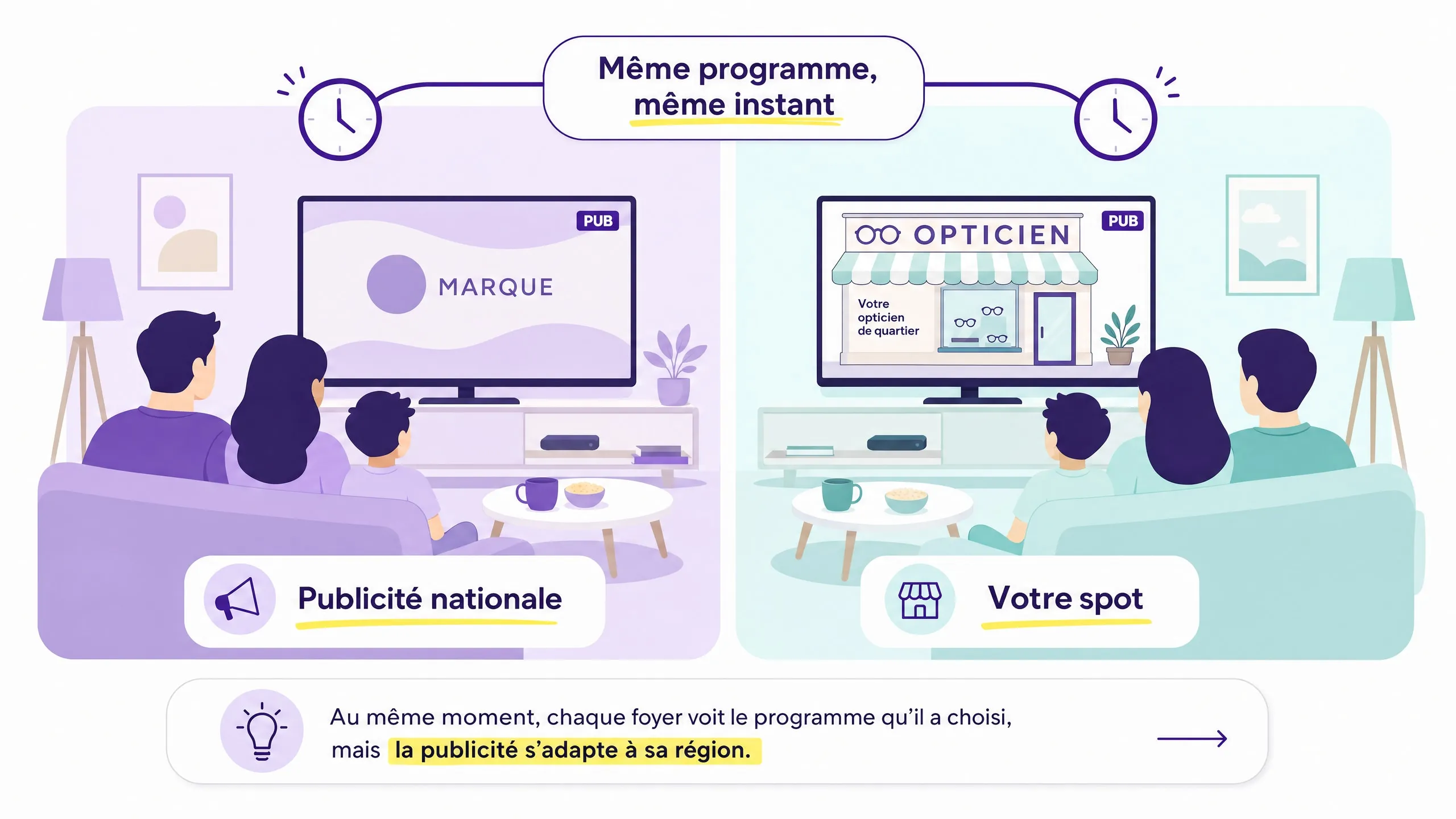 Schéma : deux foyers voisins regardent la même chaîne et voient deux publicités différentes