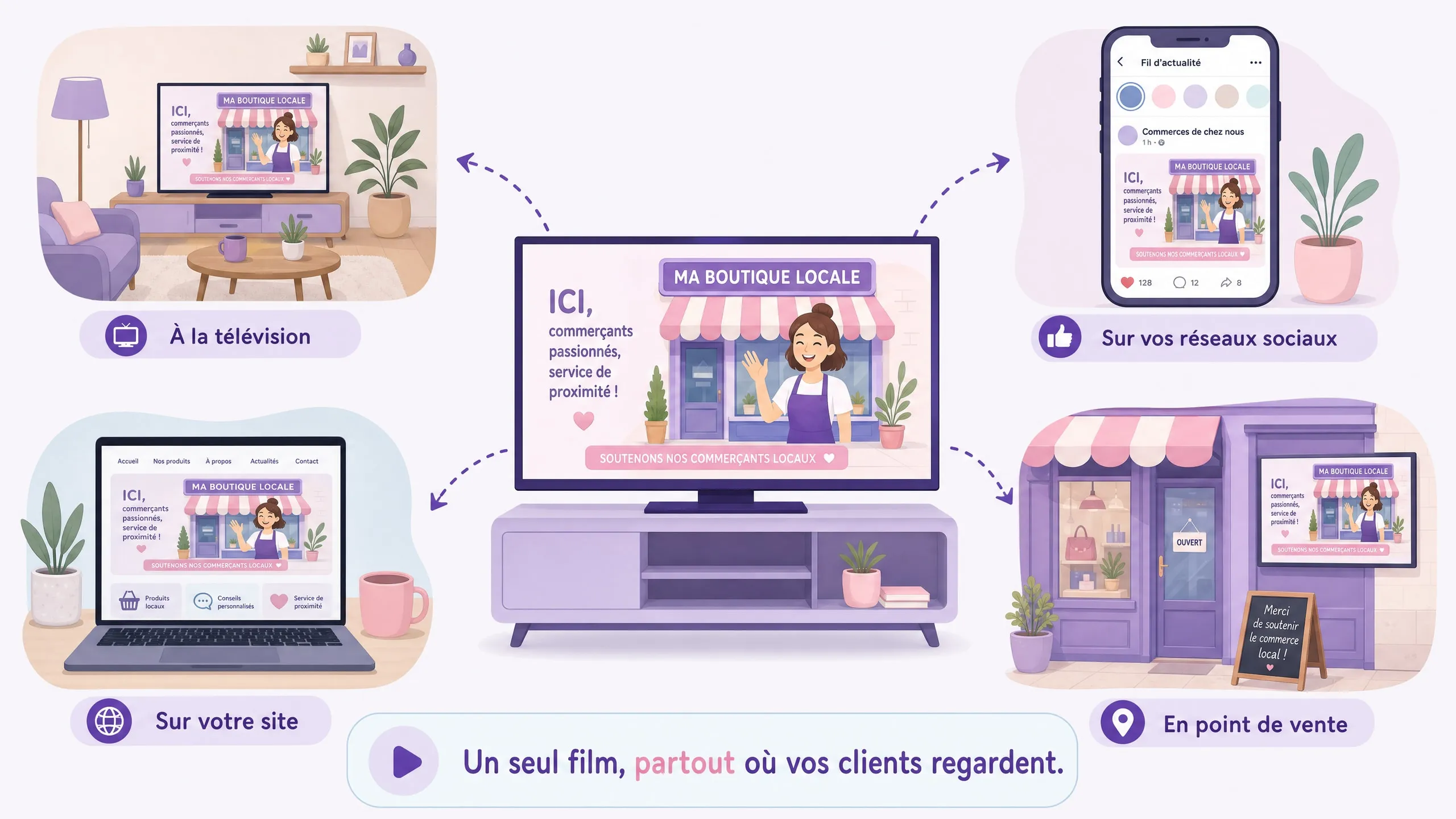 Schéma : un même spot diffusé à la télévision, sur les réseaux sociaux, sur votre site et en point de vente