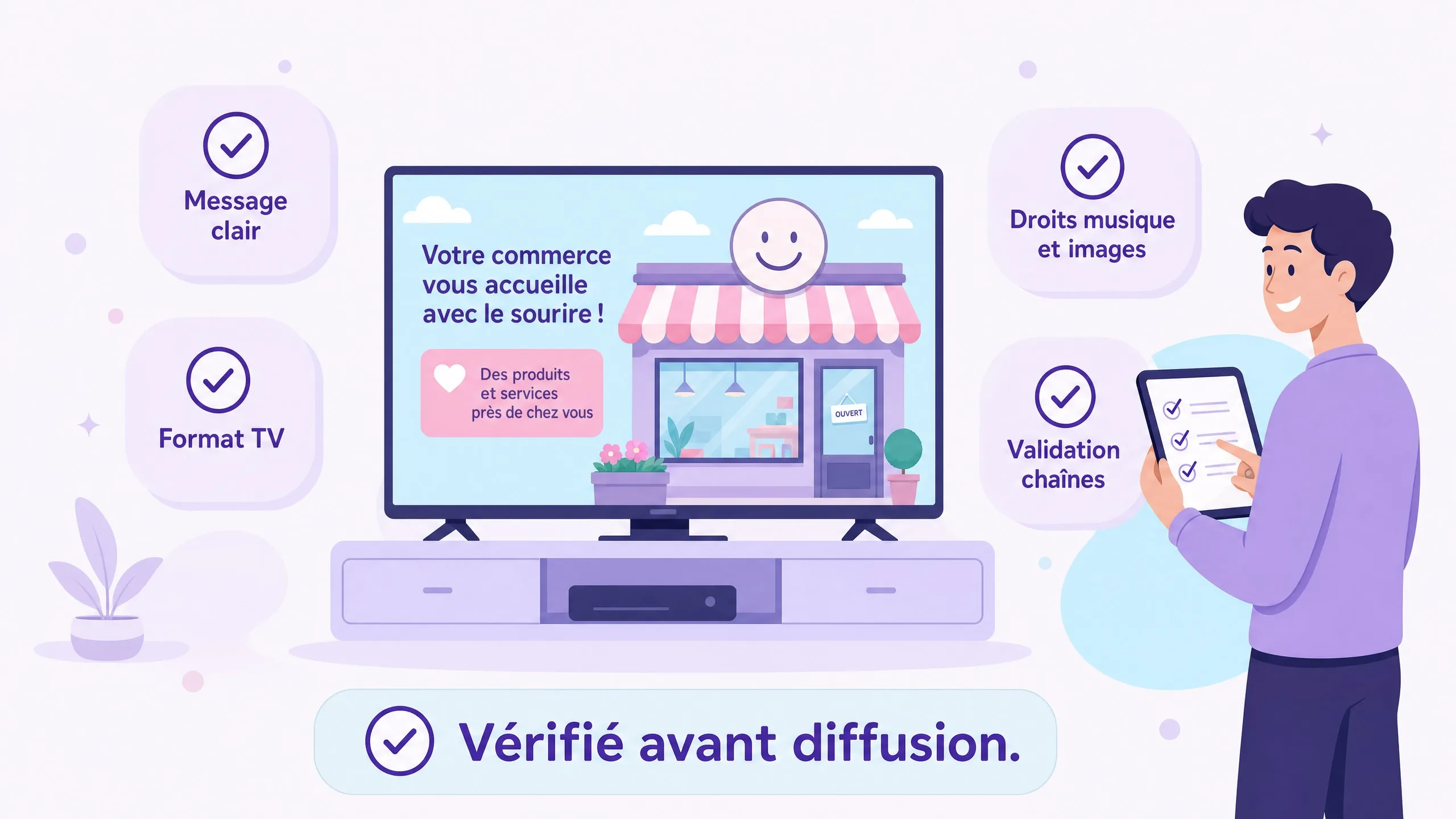 Schéma : un spot TV vérifié point par point — message clair, format TV, droits musique et images, validation chaînes