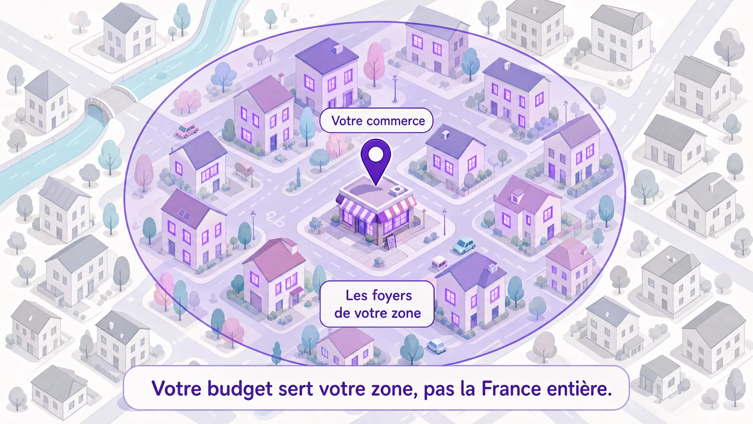 Schéma : un commerce au centre de sa zone, les foyers du rayon allumés, les foyers hors zone éteints